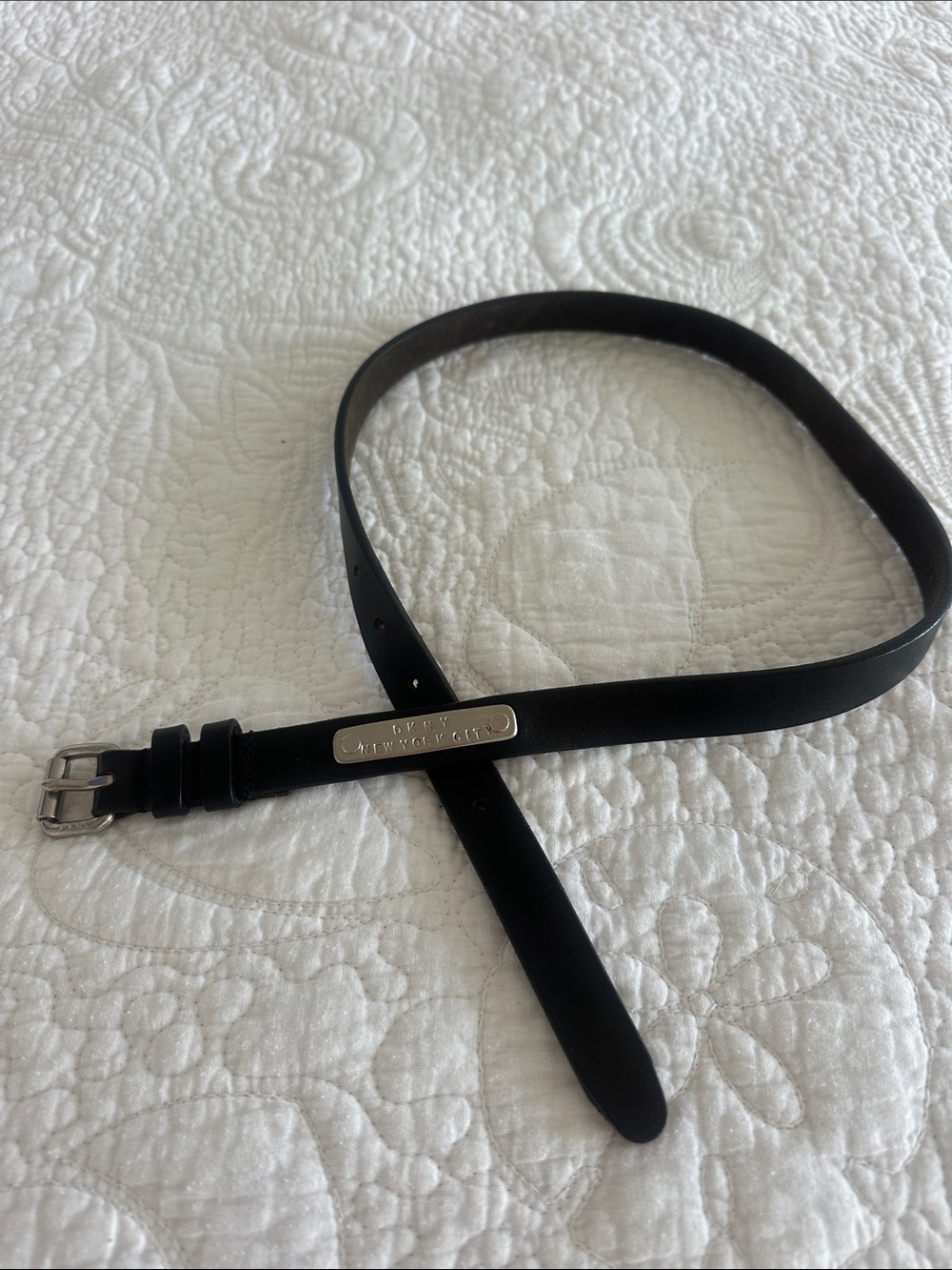 Ladies DKNY Black Leather Belt with Silver-Tone Logo Plaque, medium